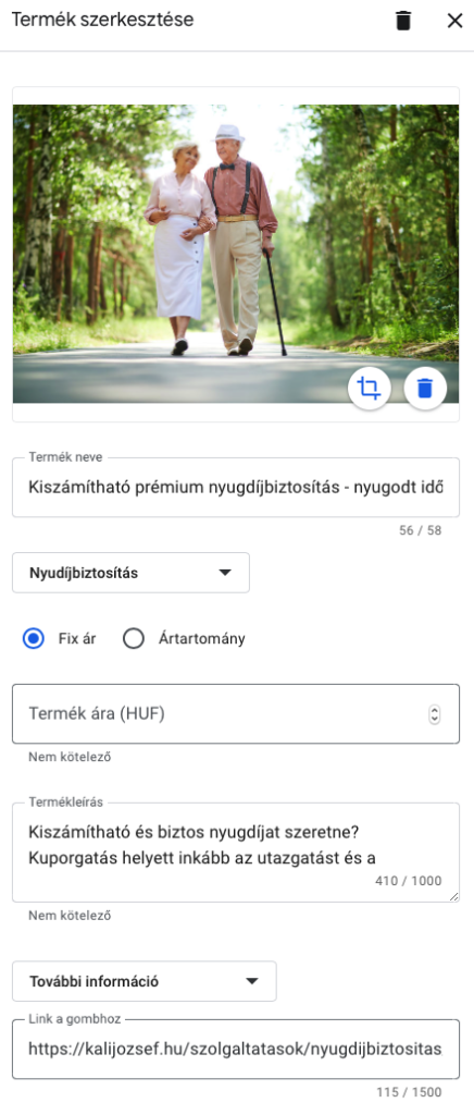 Google cégem optimalizálás - termékek szerkesztése