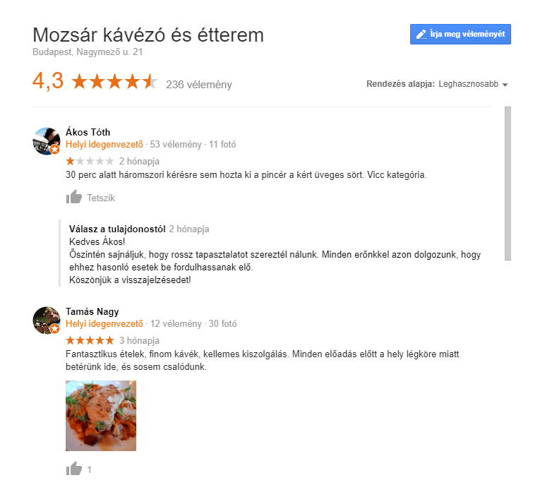 Étterem marketing stratégia - vásárlói vélemények
